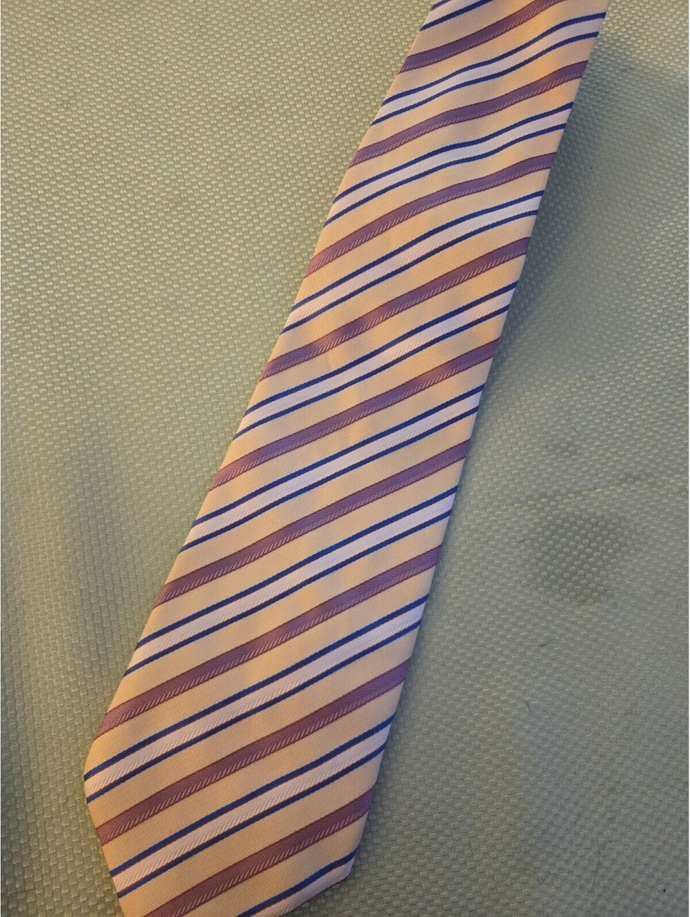 Handmade 100% Silk Diagonal Striped Tie in Peach, Purple, and Blue - Picture 5 of 5